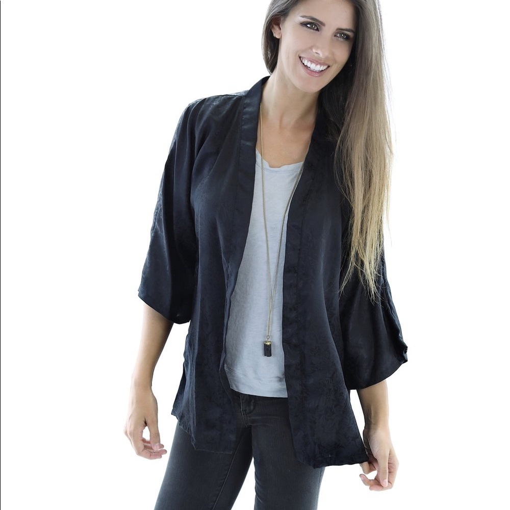 NWT Kali Clothing Black Floral 100% Silk Open Kimono